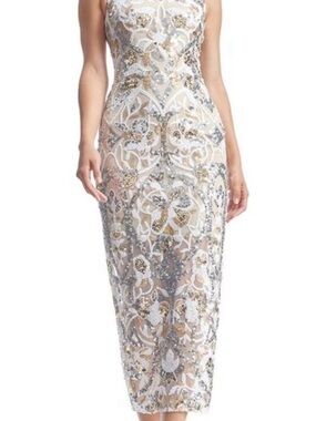 Embellished White & Gold Sheer Midi Dress